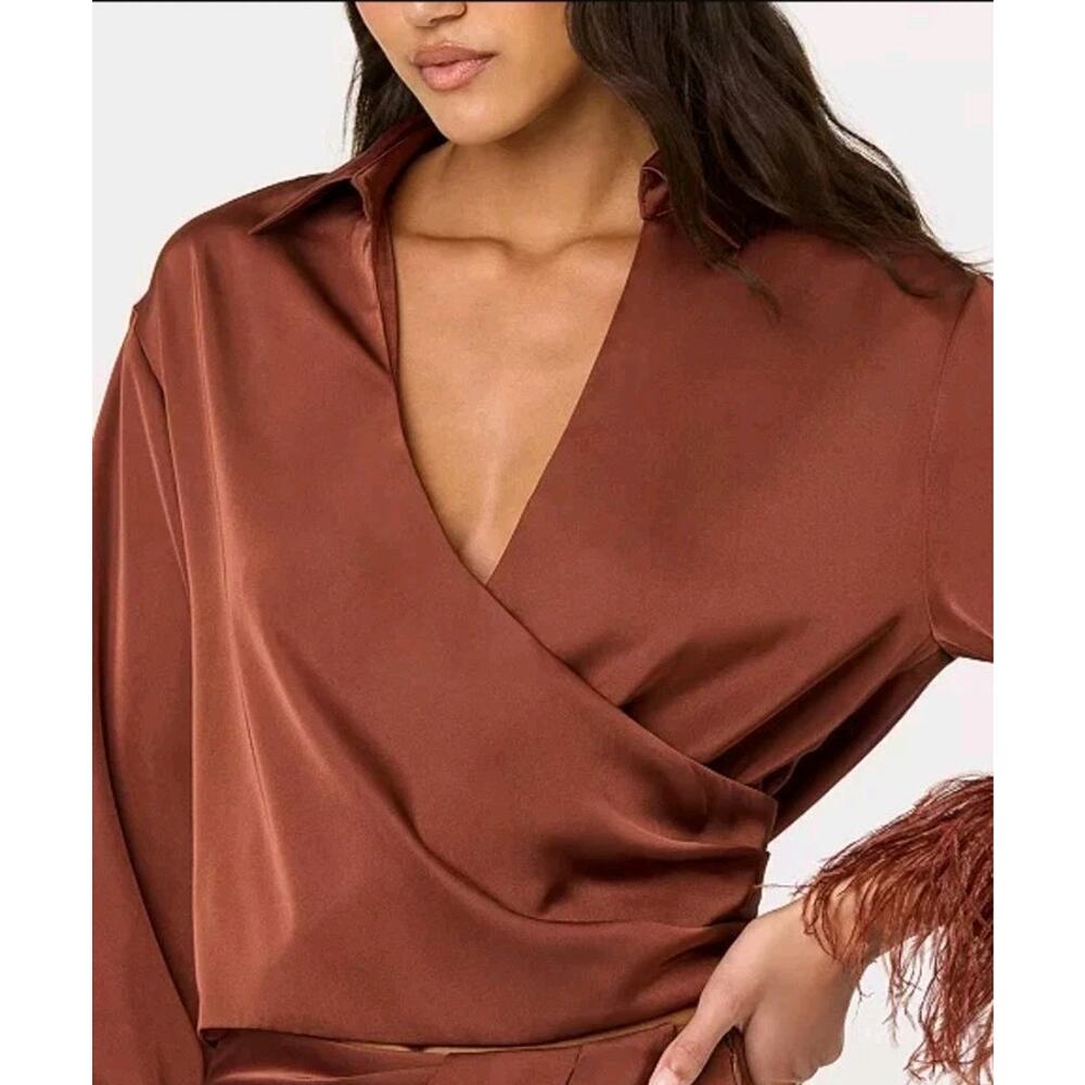 ASTR The Label Catrina Feather Cuff Accent Surplice Satin Top rust brown
